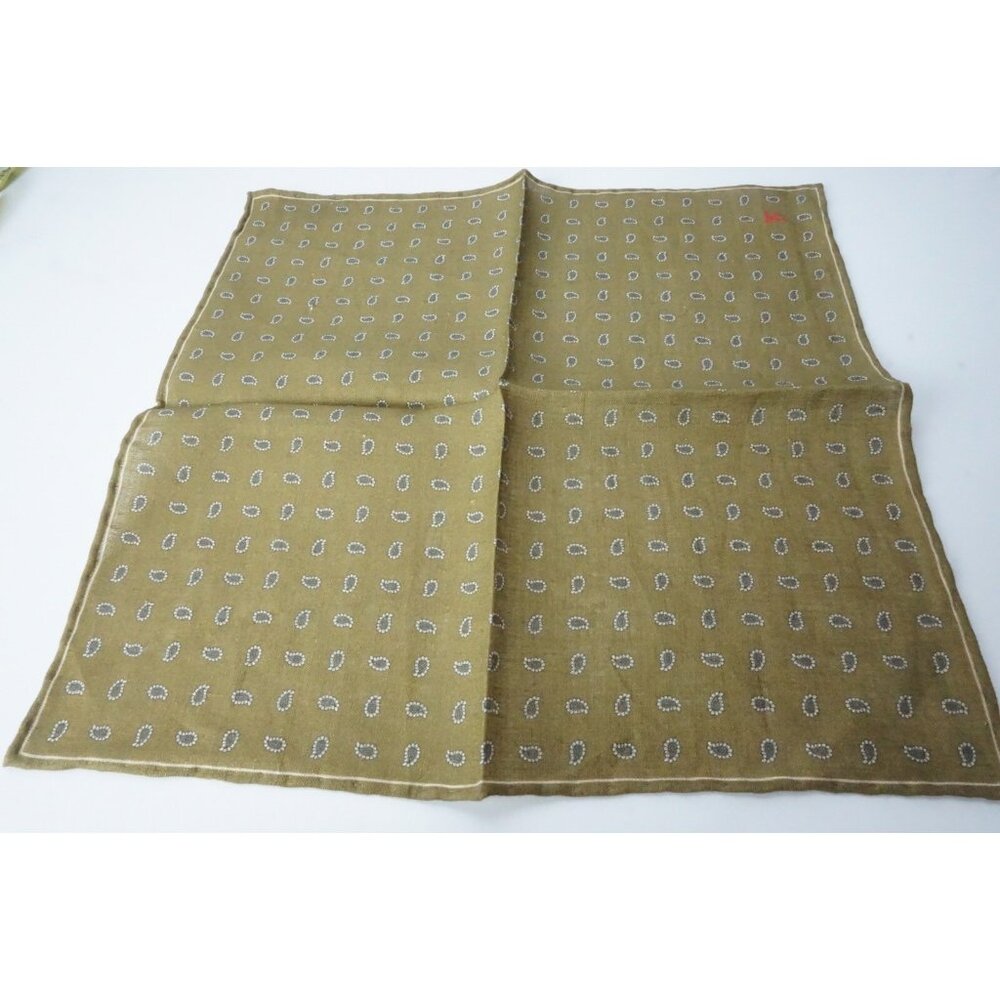 Isaia Olive Green Dainty Paisley 100% Linen Pocket Square Italy New